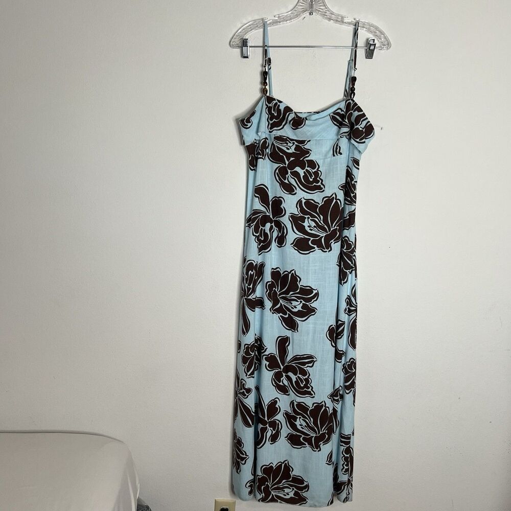 Paper Heart Linen Blend Floral Maxi Dress Light Blue Brown Beaded Straps New